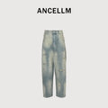 ANCELLM 25SS Destroyed Patch Tapered Denim Jeans – Unisex SG6400317