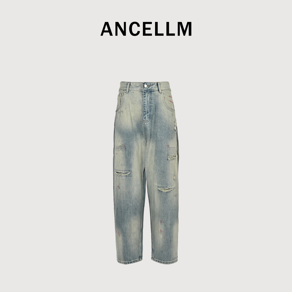 ANCELLM 25SS Destroyed Patch Tapered Denim Jeans – Unisex SG6400317