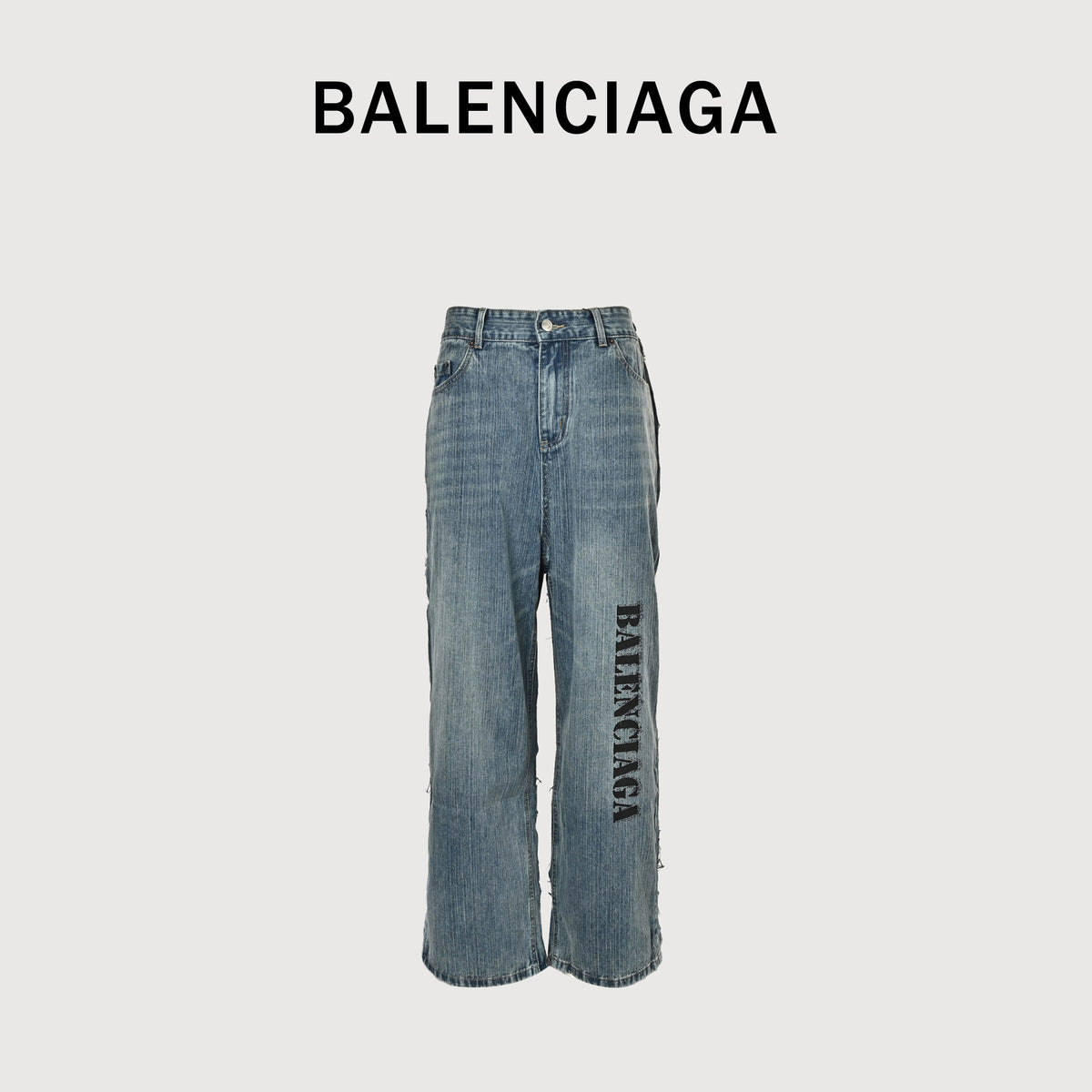 Balenciaga SS24 Letter-Print Spliced Denim & Fleece Wide-Leg Jeans – Washed Indigo / Black – Unisex 783697THW254245