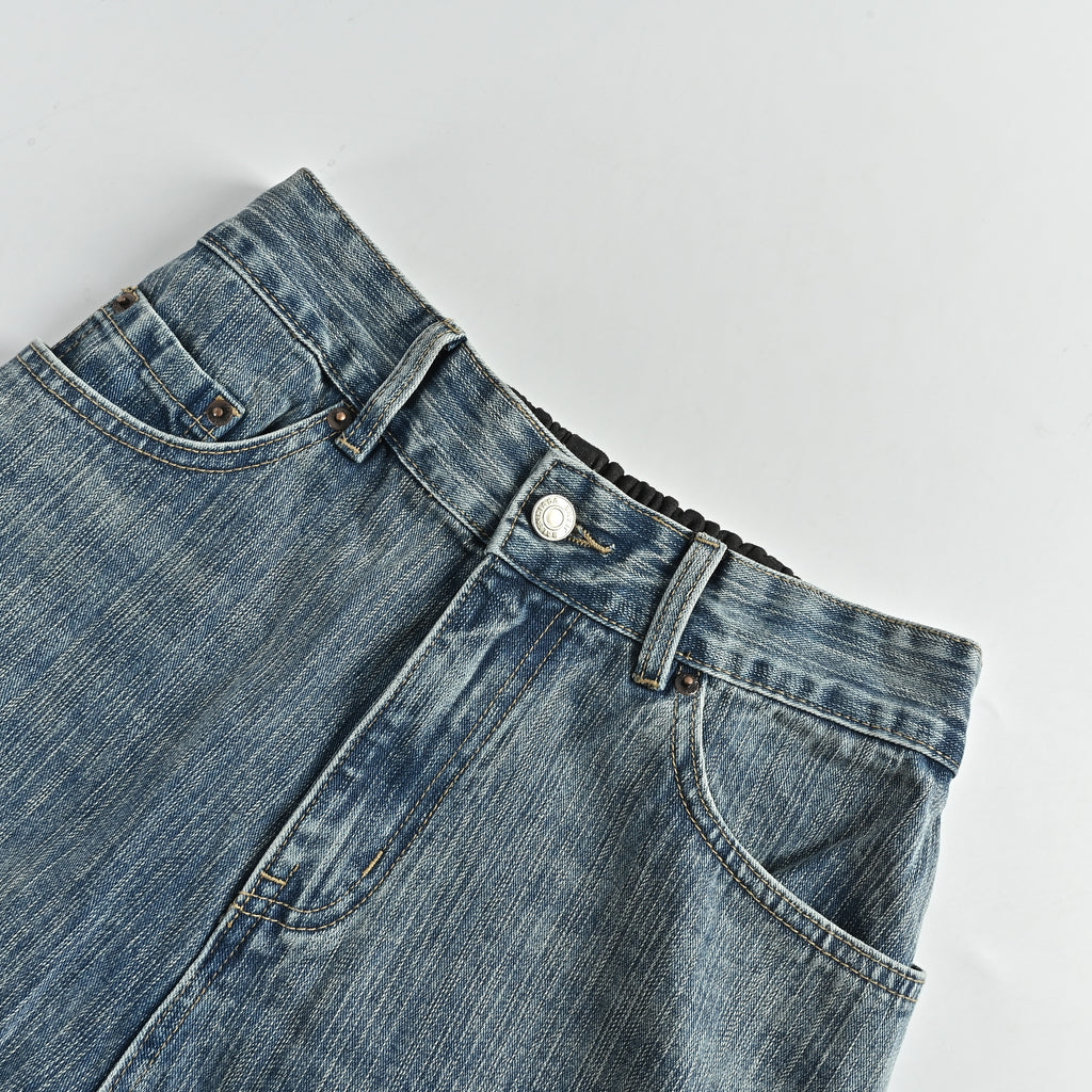 Balenciaga SS24 Letter-Print Spliced Denim & Fleece Wide-Leg Jeans – Washed Indigo / Black – Unisex 783697THW254245