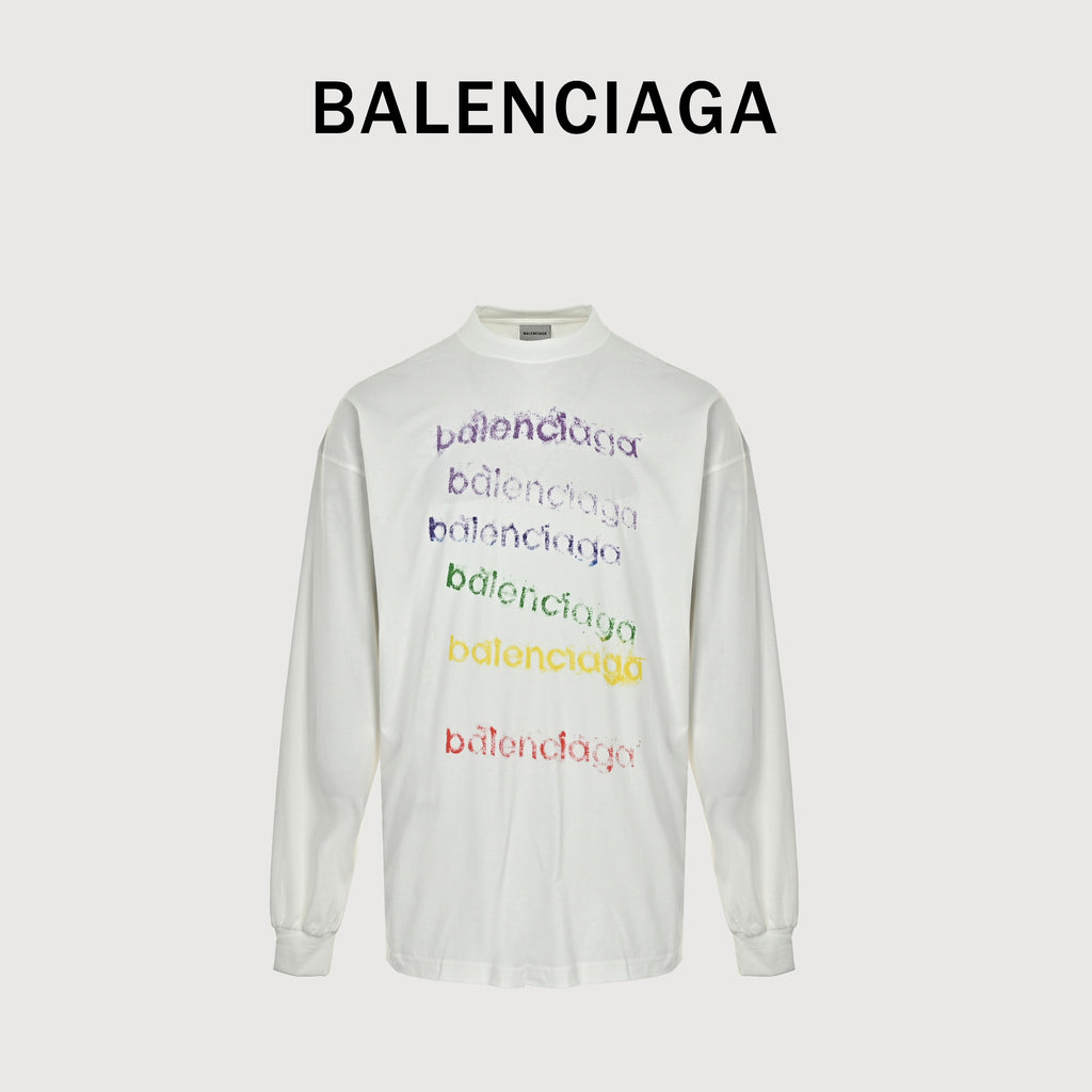 Balenciaga FW26 Rainbow Chalk-Effect Logo Long-Sleeve T-Shirt – WhiteA009CTTVVK99000