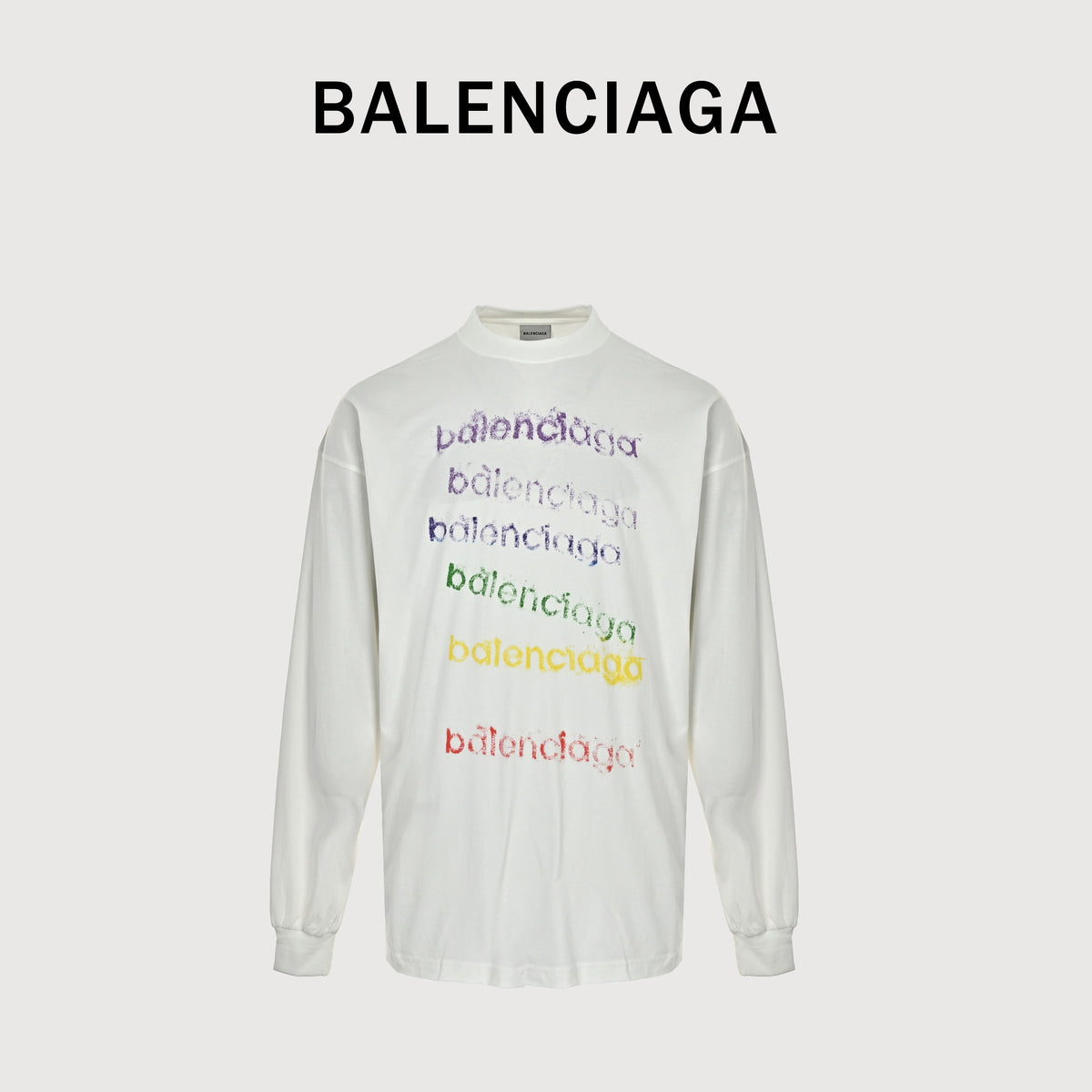 Balenciaga FW26 Rainbow Chalk-Effect Logo Long-Sleeve T-Shirt – WhiteA009CTTVVK99000
