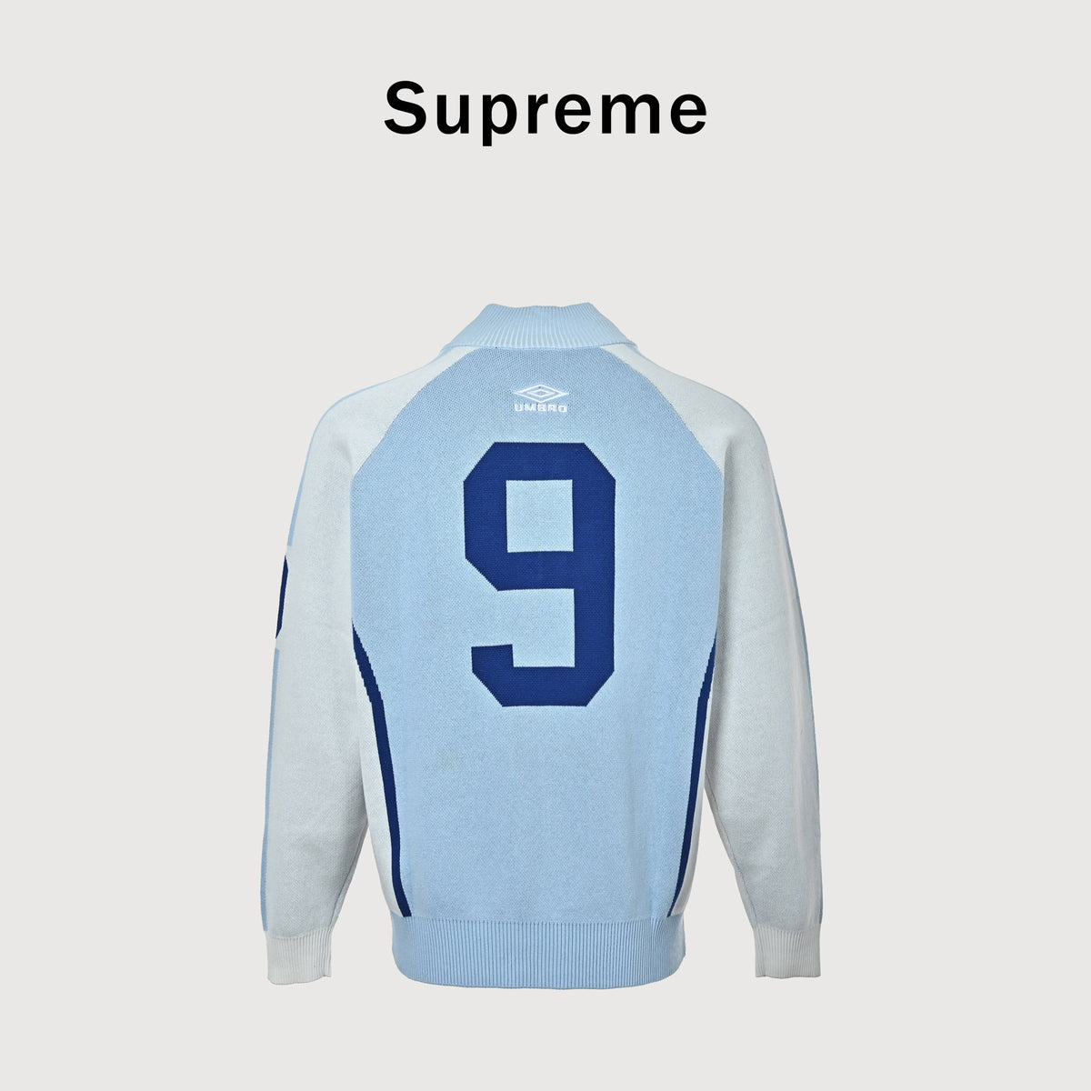 Supreme x Umbro SS25 Club-Inspired Zip Stand-Collar Knit Jacket – Blue/WhiteSUP-SS25-236