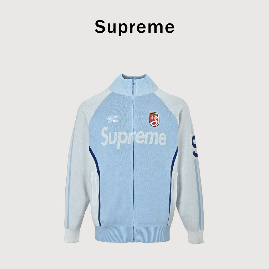 Supreme x Umbro SS25 Club-Inspired Zip Stand-Collar Knit Jacket – Blue/WhiteSUP-SS25-236