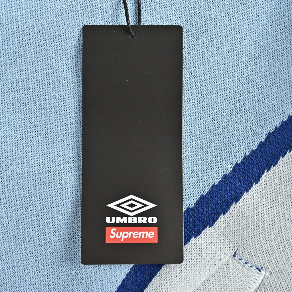 Supreme x Umbro SS25 Club-Inspired Zip Stand-Collar Knit Jacket – Blue/WhiteSUP-SS25-236