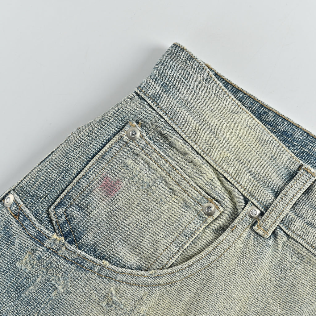 ANCELLM 25SS Destroyed Patch Tapered Denim Jeans – Unisex SG6400317