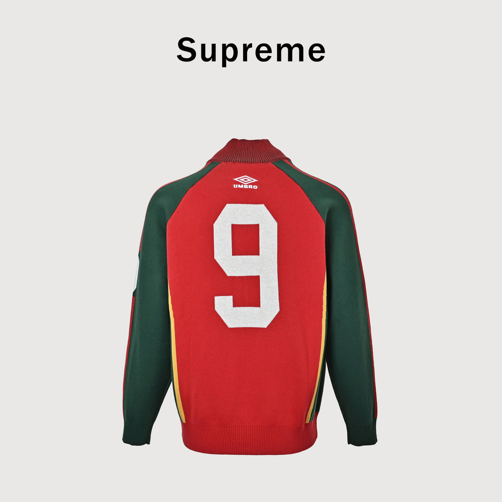 Supreme x Umbro SS25 Club-Inspired Zip Stand-Collar Knit Jacket – Red/GreenSUP-SS25-236