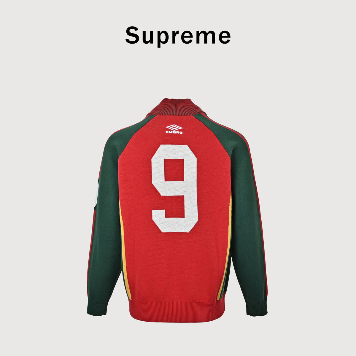Supreme x Umbro SS25 Club-Inspired Zip Stand-Collar Knit Jacket – Red/GreenSUP-SS25-236