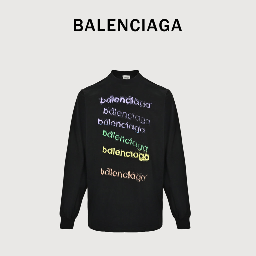 Balenciaga FW26 Rainbow Chalk-Effect Logo Long-Sleeve T-Shirt – Blackhh3800917