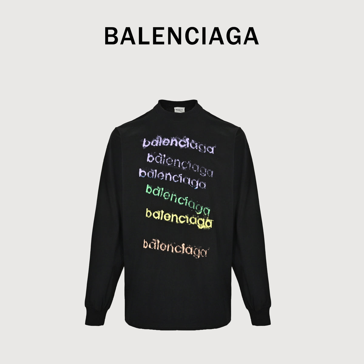 Balenciaga FW26 Rainbow Chalk-Effect Logo Long-Sleeve T-Shirt – Blackhh3800917