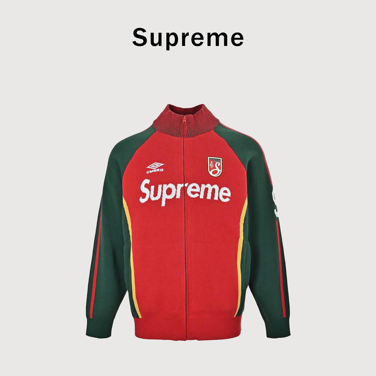 Supreme x Umbro SS25 Club-Inspired Zip Stand-Collar Knit Jacket – Red/GreenSUP-SS25-236