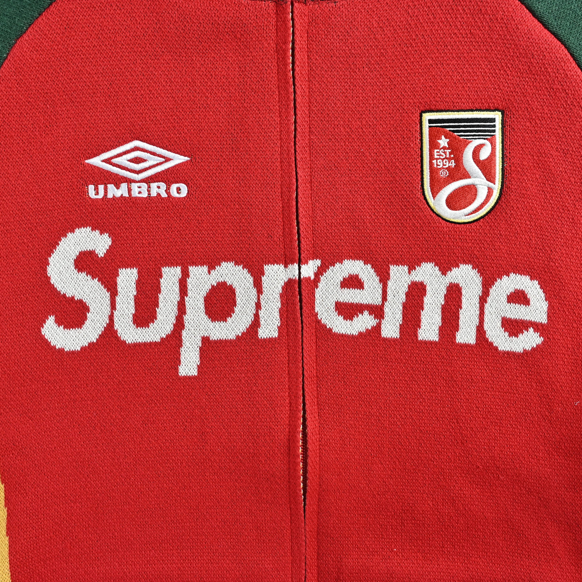 Supreme x Umbro SS25 Club-Inspired Zip Stand-Collar Knit Jacket – Red/GreenSUP-SS25-236