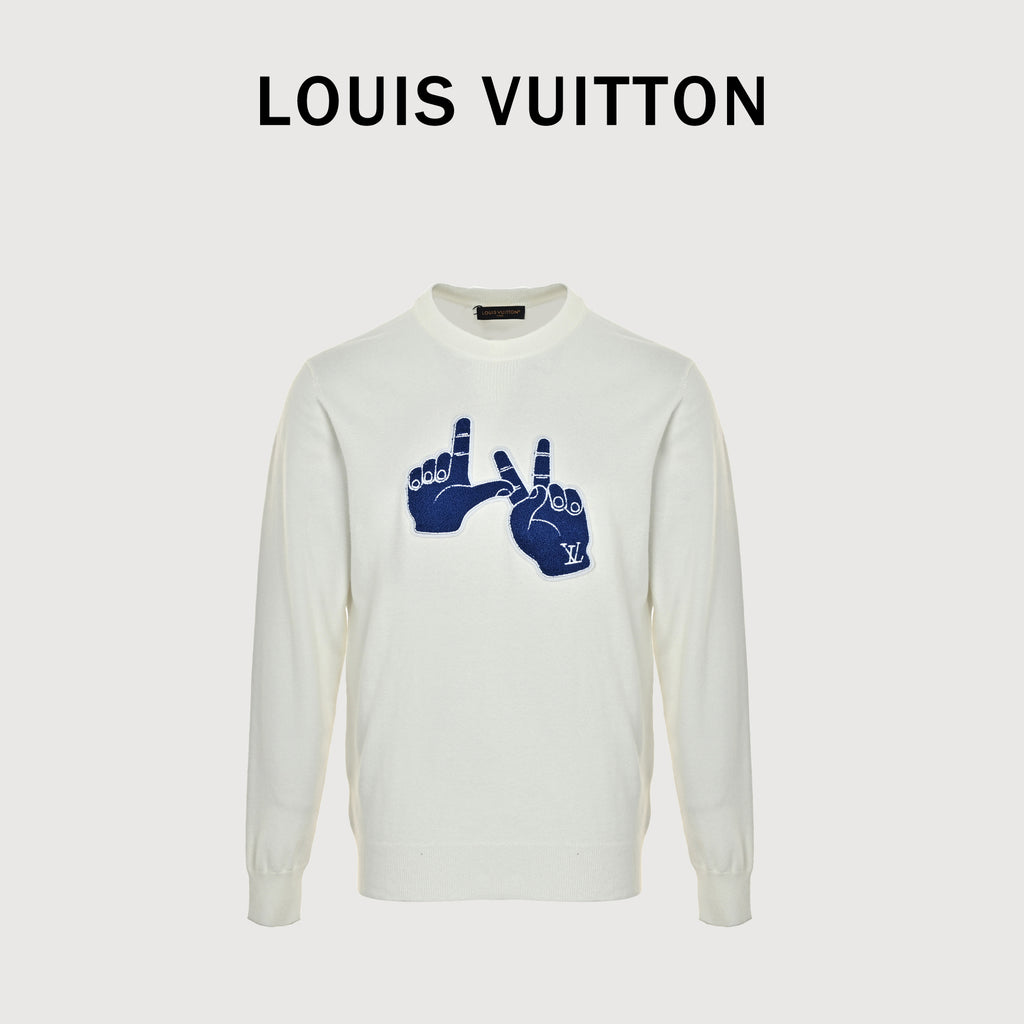 Louis Vuitton FW26 Blue Gesture Intarsia Fine-Knit Sweater – WhiteXBK5200915-W