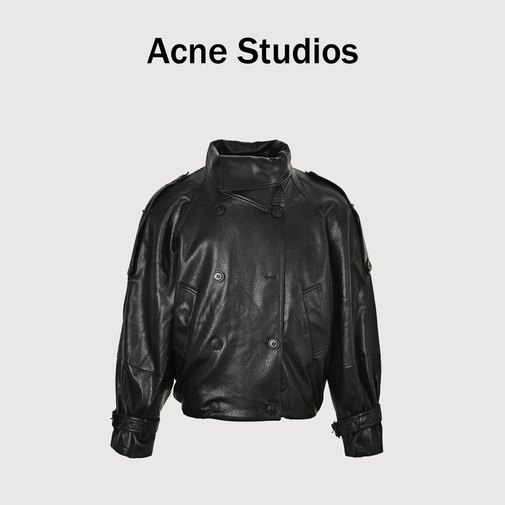 Acne Studios Lambskin Double-Breasted Short Leather Jacket – BlackA70196-900