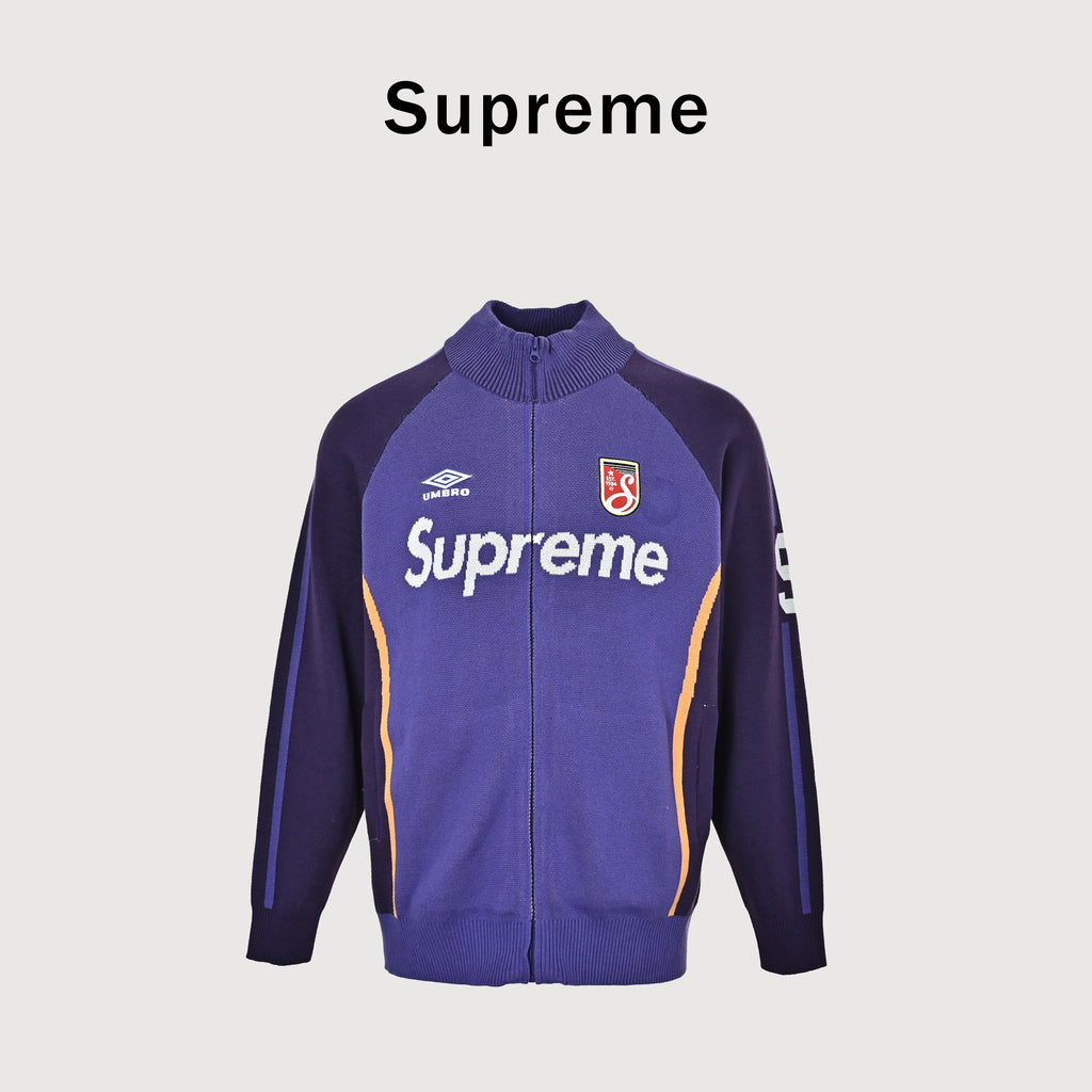Supreme x Umbro SS25 Club-Inspired Zip Stand-Collar Knit Jacket – Purple/NavySUP-SS25-236