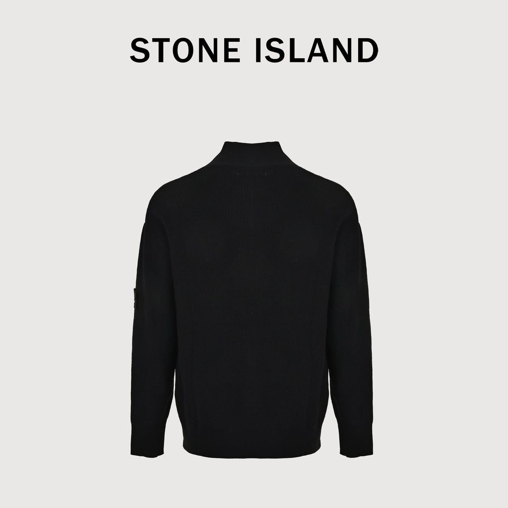 Stone Island SS26 Ribbed Soft Organic Cotton Sleeve-Badge Stand-Collar Zip Knitwear Jacket – Black – Men’s