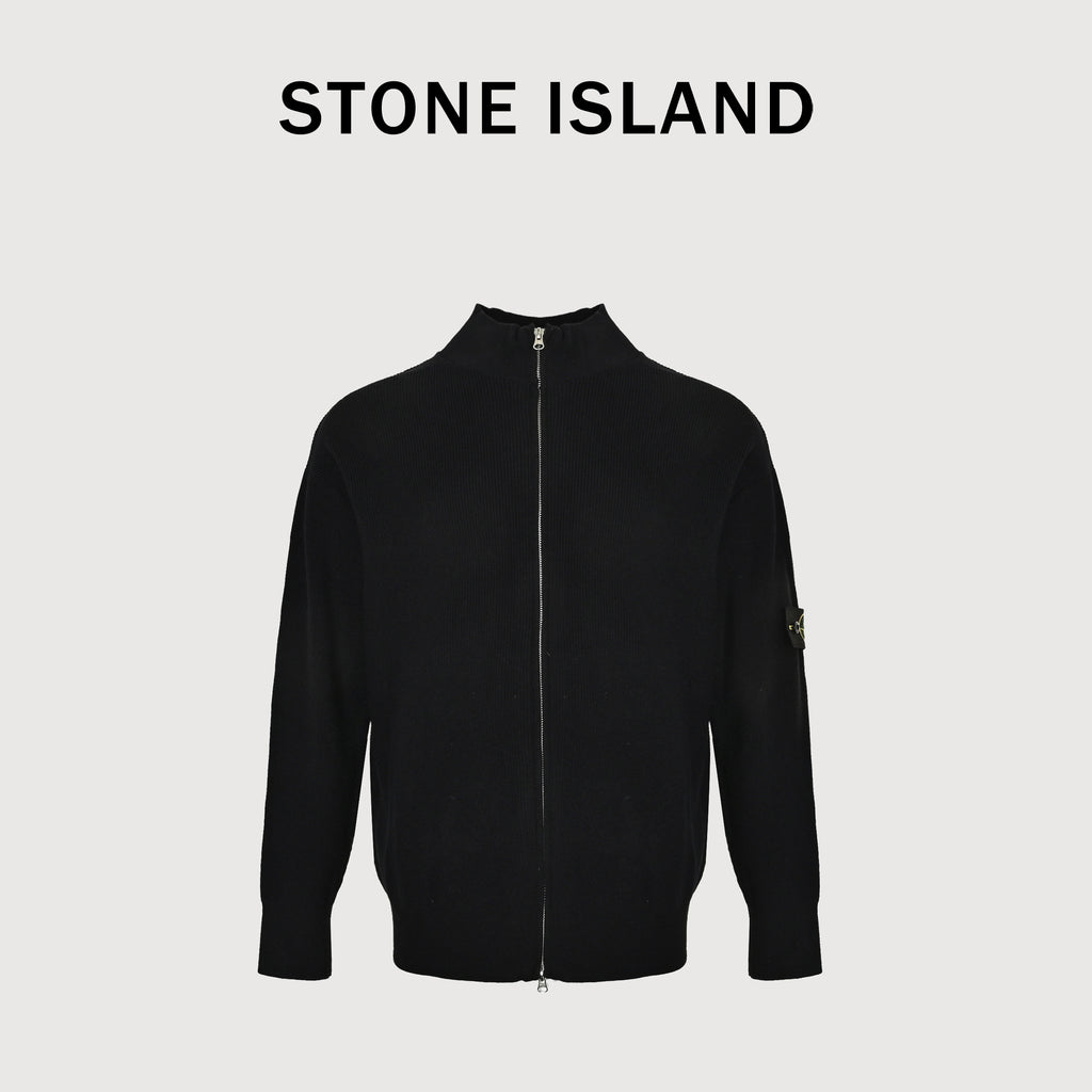 Stone Island SS26 Ribbed Soft Organic Cotton Sleeve-Badge Stand-Collar Zip Knitwear Jacket – Black – Men’s