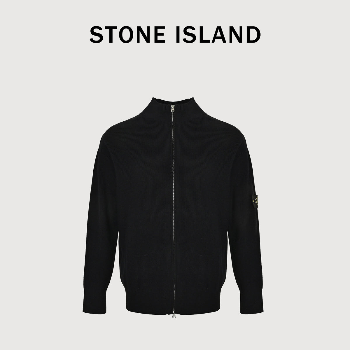 Stone Island SS26 Ribbed Soft Organic Cotton Sleeve-Badge Stand-Collar Zip Knitwear Jacket – Black – Men’s