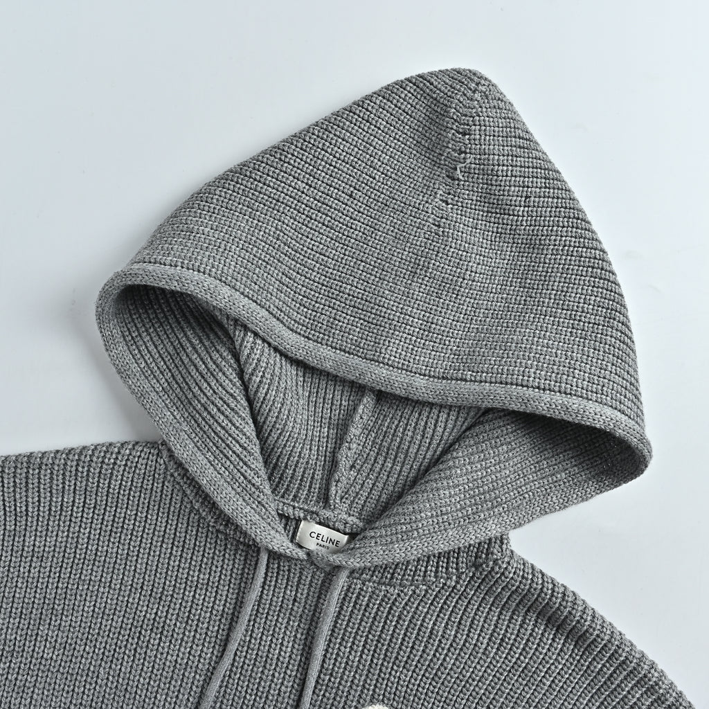 Celine FW25 Triomphe Towel-Embroidered Hooded Knit Sweater – Grey RY0FV0ZTQ-08GC