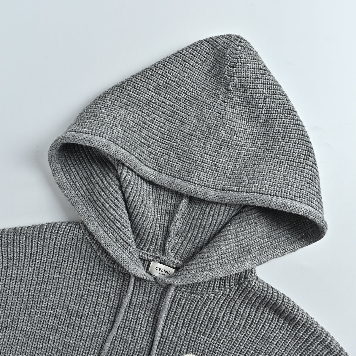 Celine FW25 Triomphe Towel-Embroidered Hooded Knit Sweater – Grey RY0FV0ZTQ-08GC