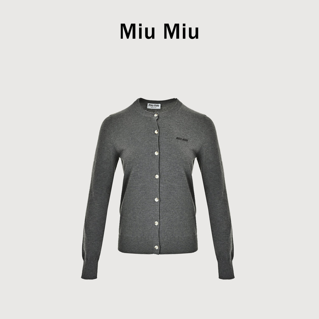 Miu Miu FW23 Logo-Embroidered Wool-Cotton Blend Cardigan – Grey – Women’sMMF787-13S1-F0480-S-232