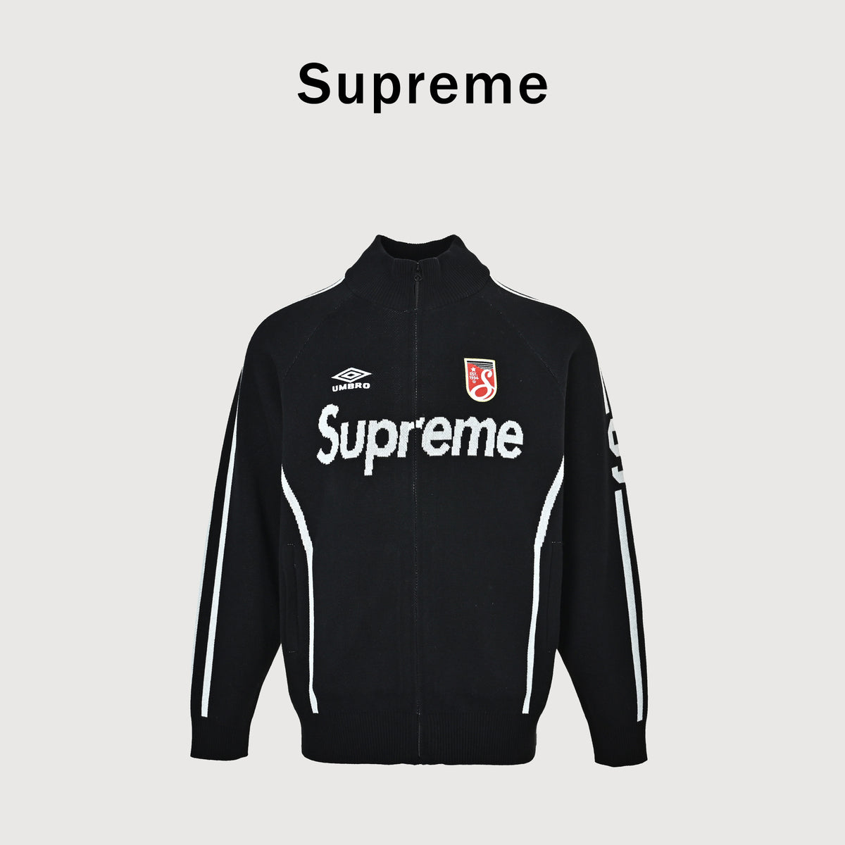 Supreme x Umbro SS25 Club-Inspired Zip Stand-Collar Knit Jacket – Black SUP-SS25-236