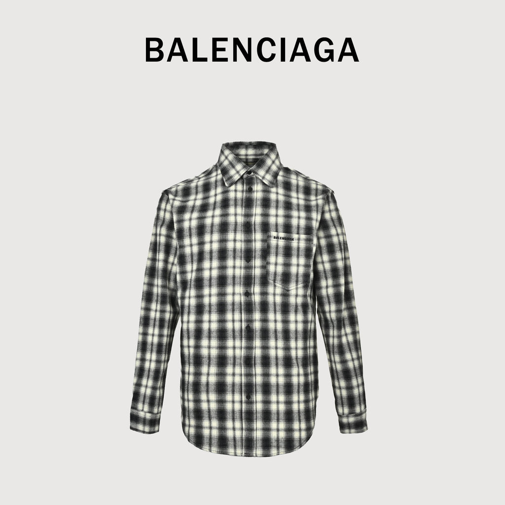 Balenciaga FW26 Brushed Plaid Long-Sleeve Shirt – Black/White A001ZSTUM339040