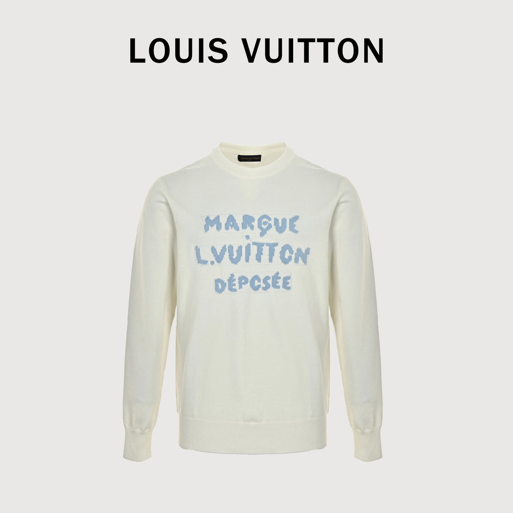 Louis Vuitton FW26 “Marque L.Vuitton Déposée” Monogram Letter Intarsia Fine-Knit Sweater – WhiteXBK5200915-MLW