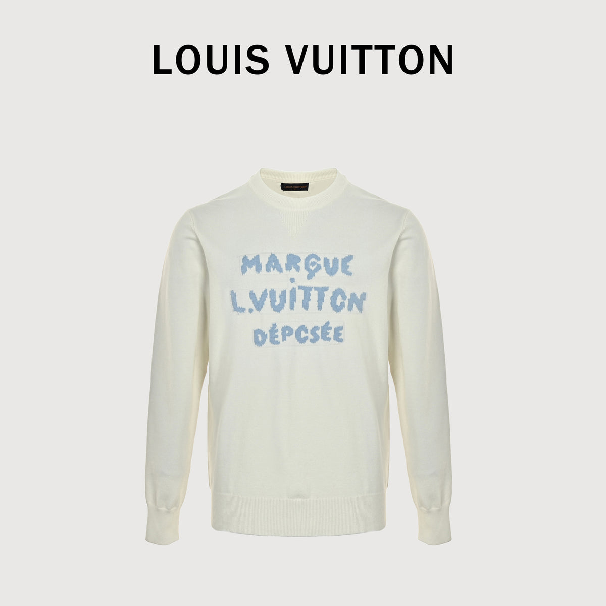 Louis Vuitton FW26 “Marque L.Vuitton Déposée” Monogram Letter Intarsia Fine-Knit Sweater – WhiteXBK5200915-MLW