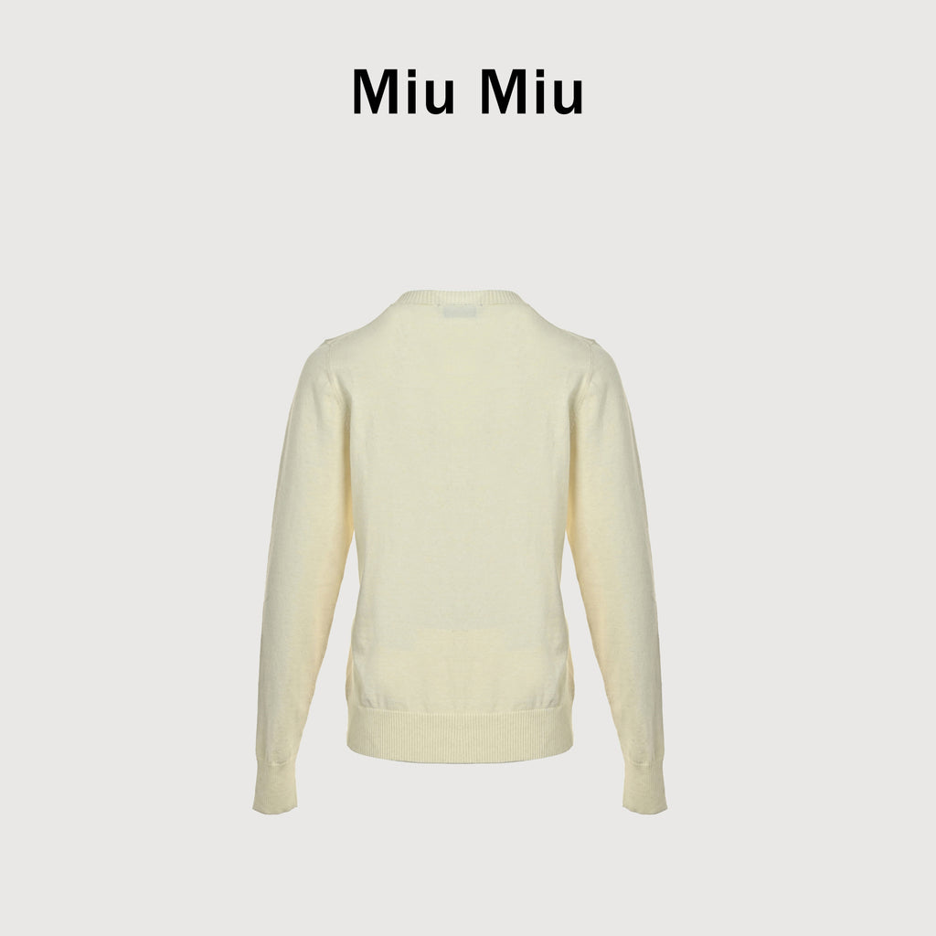 Miu Miu FW23 Logo-Embroidered Wool-Cotton Blend Cardigan – Cream – Women’s MMF890-13S1-F0304-S-OOO