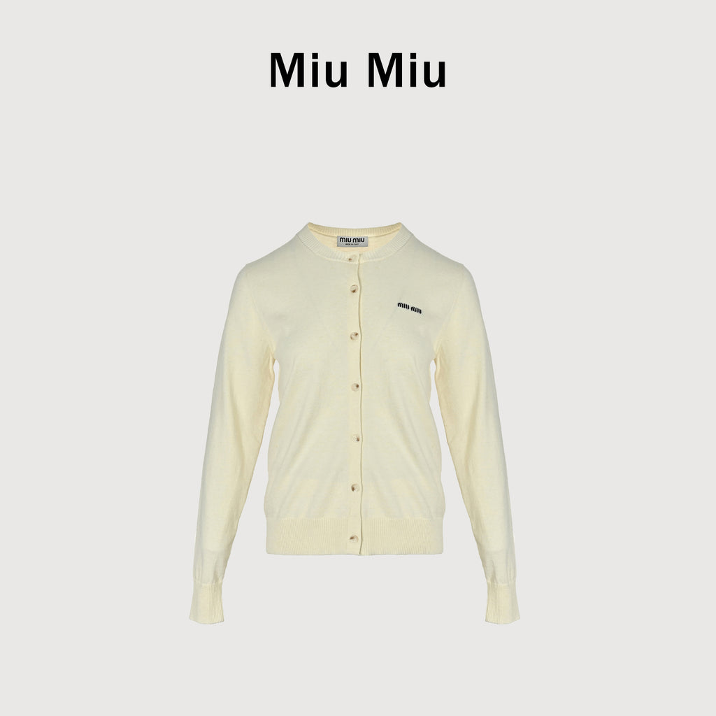 Miu Miu FW23 Logo-Embroidered Wool-Cotton Blend Cardigan – Cream – Women’s MMF890-13S1-F0304-S-OOO