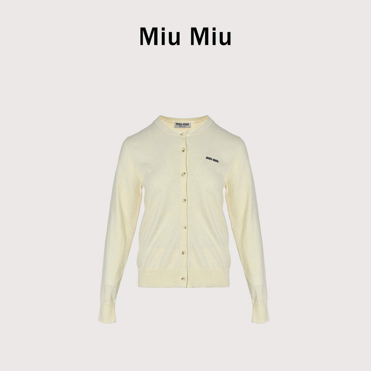 Miu Miu FW23 Logo-Embroidered Wool-Cotton Blend Cardigan – Cream – Women’s MMF890-13S1-F0304-S-OOO