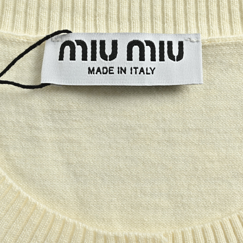 Miu Miu FW23 Logo-Embroidered Wool-Cotton Blend Cardigan – Cream – Women’s MMF890-13S1-F0304-S-OOO