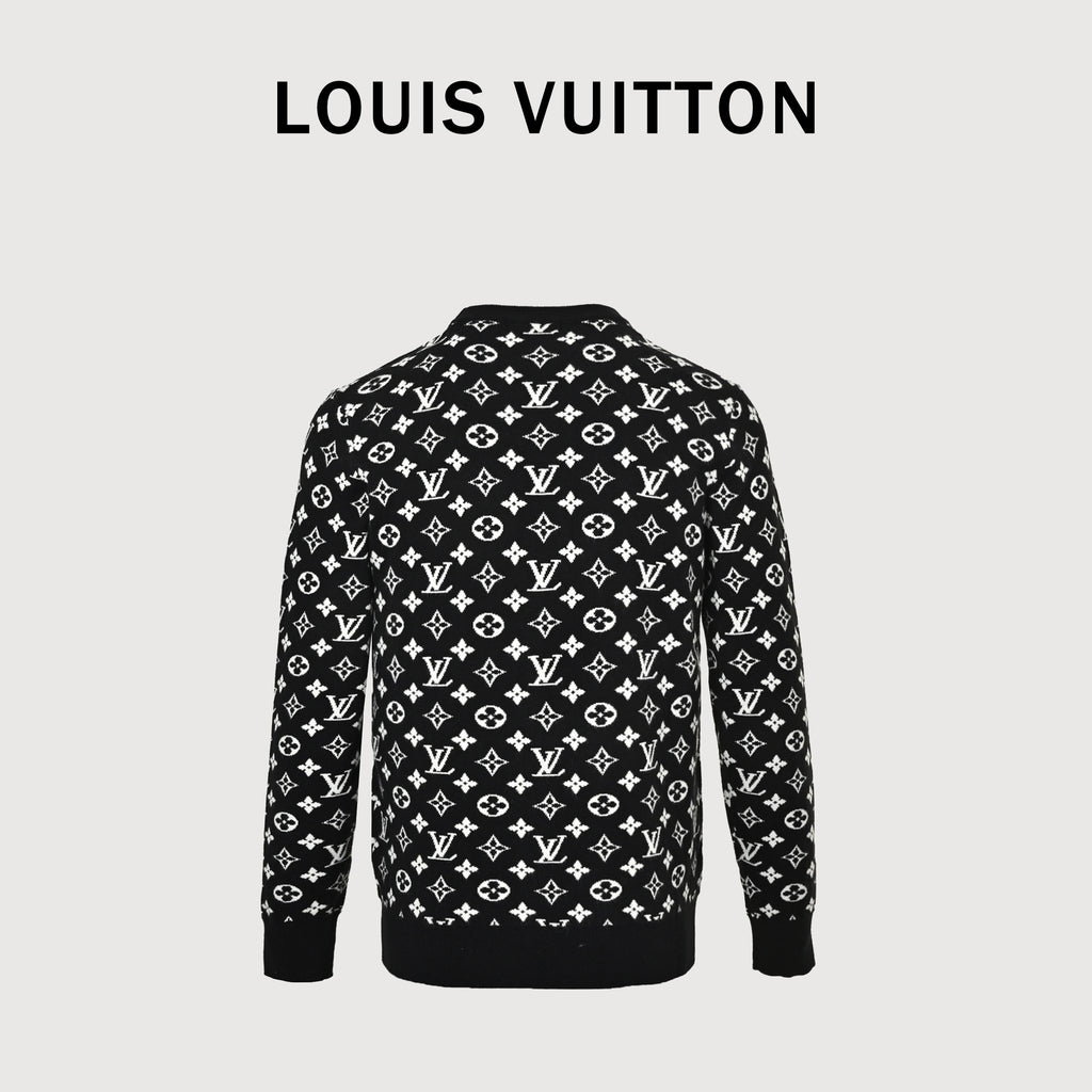 Louis Vuitton FW26 Full-Coverage LV Monogram Jacquard Crewneck Sweater – Black1A7RRK
